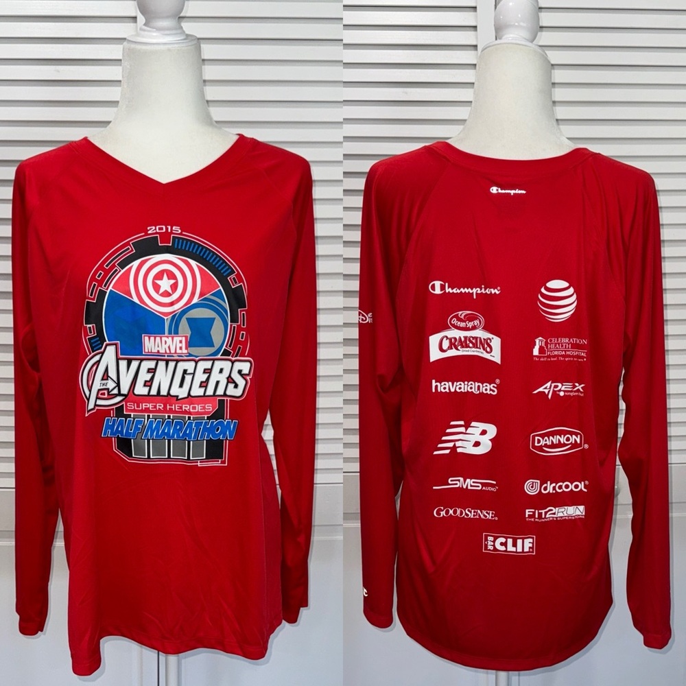 Champion run Disney 2015 The Avengers Super Heroes Half Marathon Red Long Sleeve